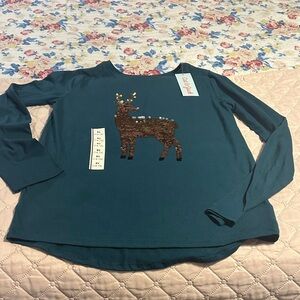 Cat & Jack green Long Sleeve Shirt with sequined Reindeer Design. NWT